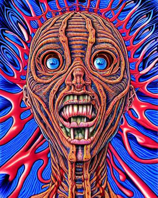 human body breaking away, conjuring psychedelic illustration, part by shintaro kago, part by alex gray, ultra realistic, highly detailed, 8 k, symmetry, fractals, grotesque, vibrant 