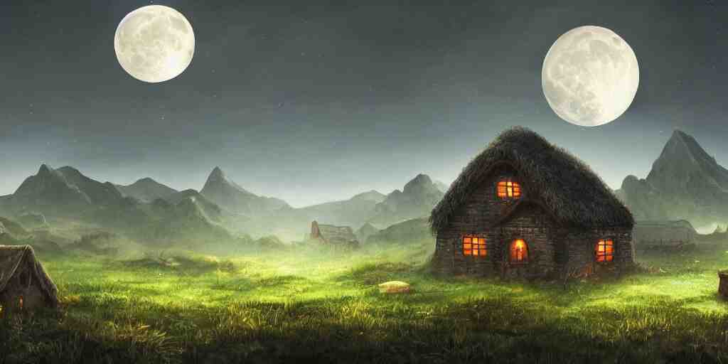 Blood soaked fields with large mountains in the distance, small cottage in the foreground, nighttime, moon in the night sky, landscape wallpaper, d&d art, fantasy, painted, 4k, high detail, sharp focus