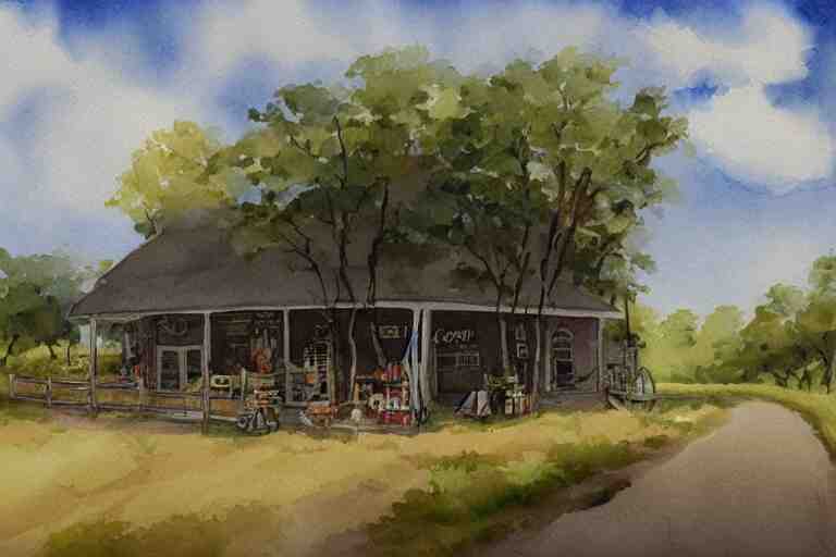 country road store goose watercolor trending on artstation 