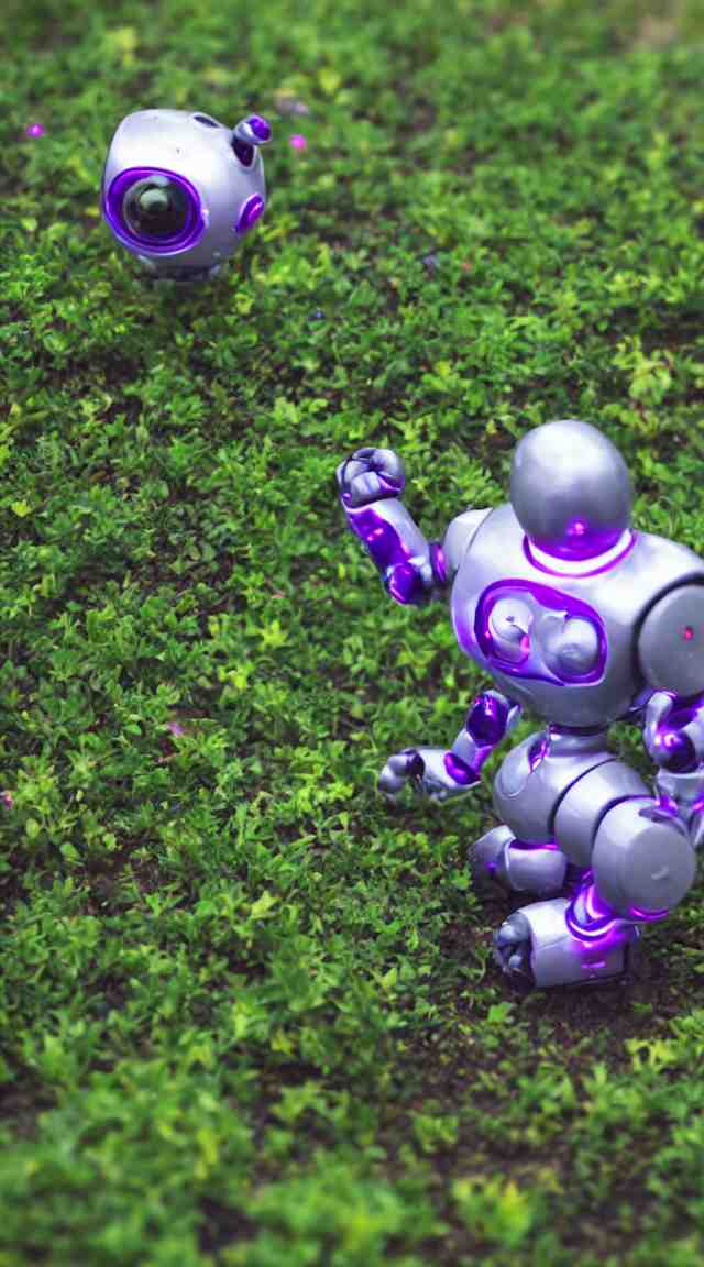 small toy robot in a garden, hyper detailed, sharp focus, bokeh, unreal engine, ray tracing, cute, fantasy, sci fi, purple lights, tiny, small 