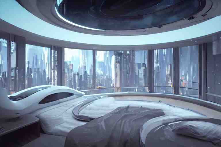 a futuristic luxury white bedroom with curved ceiling high windows looking out to a far future cyberpunk cityscape with many flying cars, night time, neon lights, cinematic 3d render, unreal engine 5, cgsociety