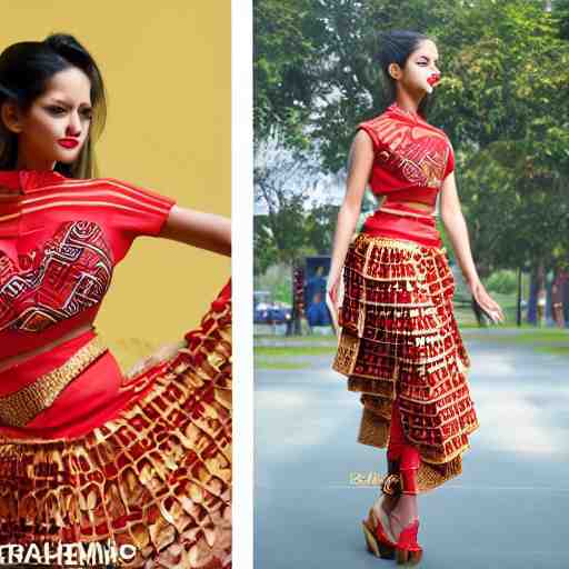 a beautiful cute girl wearing modern stylish costume in the style of Assamese bihu mekhela sador gamosa design, professional high quality commercial fashion designing, 3d ink art by pixar and Peter kemp, anatomy, only two hands, slim female figure ramp walk showcase, elegant glamourous cosplay, exotic, ornamental, intricate, sensual pose, medium shot, mid-shot, highly detailed, trending on Artstation, featured on pixiv, artgerm, sharp focus, cinematic lighting