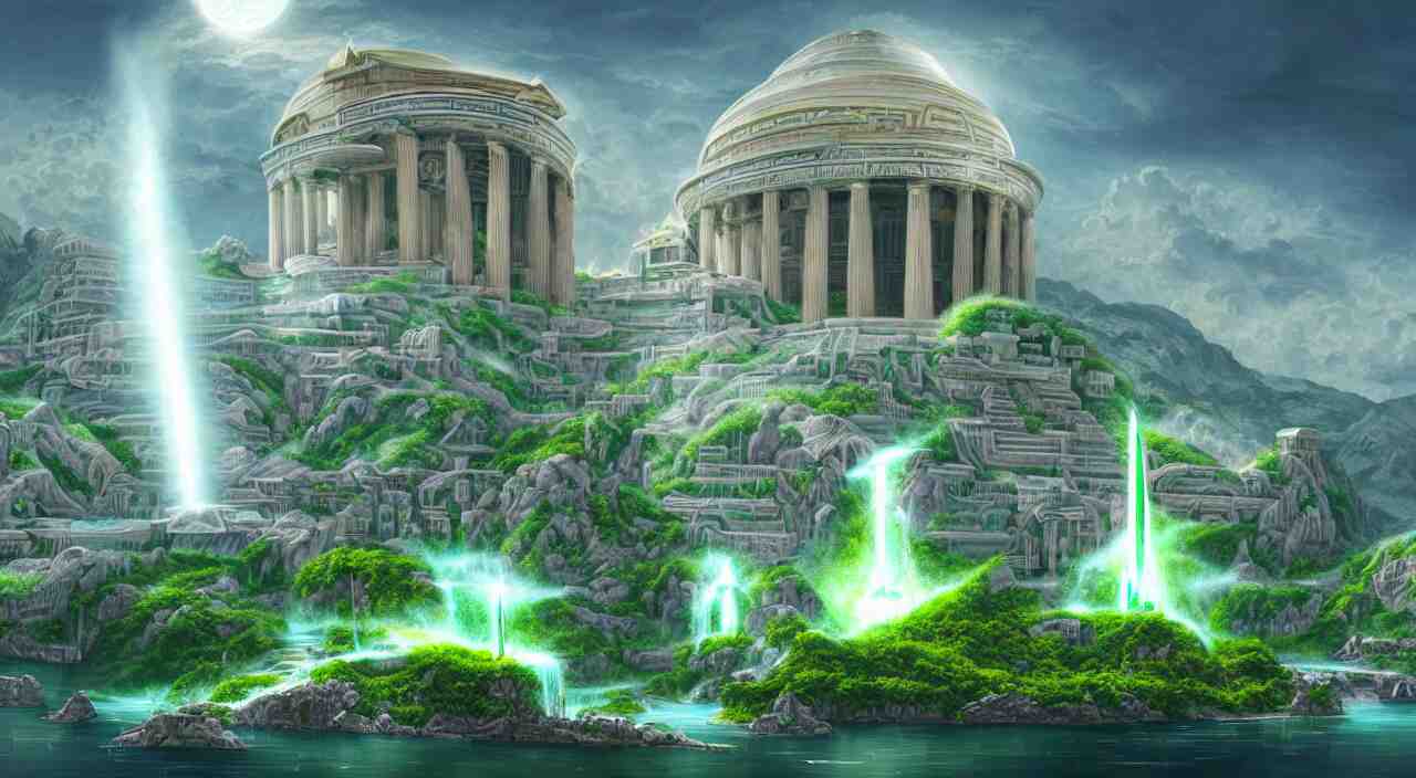 
a matte painting futurist of a green water city of Atlantis grec greeble temple olymp glory in sun shaft zeus sky tower statue pantheon ivy plant grow flower in white marble gold incrusted of legends adn red flag dynasty by Frank Lloyd Wright and Zaha Hadid torch volume light stylized illustration  digital airbrush painting, 3d rim light, hyperrealistic masterpiece, artstation, cgsociety, kodakchrome, golden ratio waterfall


