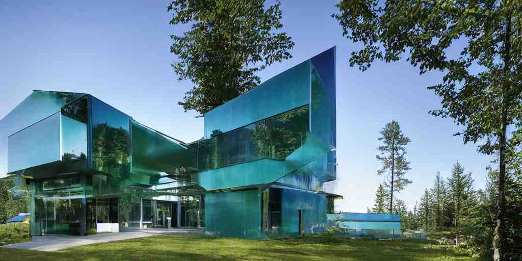 large futuristic residence, cascadian, blue concrete, large green glass windows, cuboid elements, blue metal 