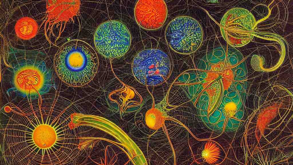 quantum connections represented as symbiotic organisms like cells playing around with colorful lights by ernst haeckel, smooth, sharp, realistic 