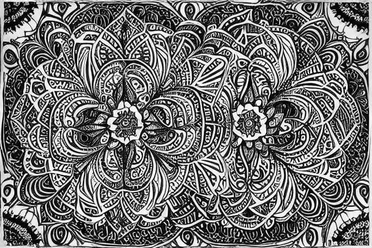 black and white sketch, mandala mandorla detailed design, intricate linework by junji ito