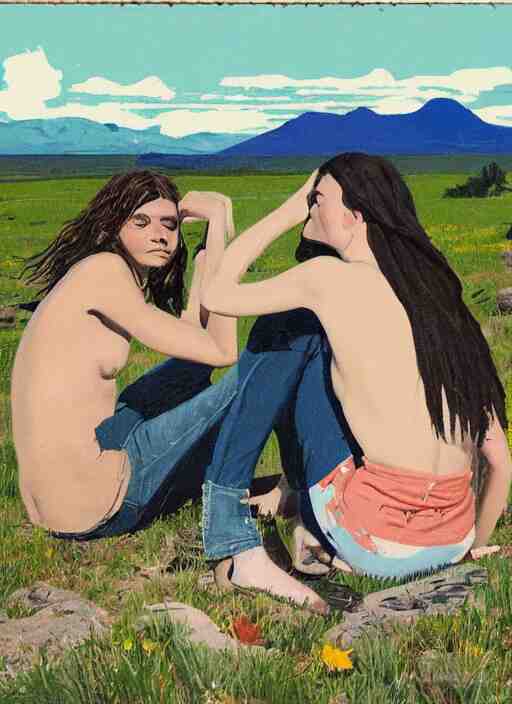 composition by justine kurland, a up - close portrait of girl friends sitting in a scenic representation of mother nature and the meaning of life by billy childish, thick visible brush strokes, shadowy landscape painting in the background by beal gifford, vintage postcard illustration, minimalist cover art by mitchell hooks 