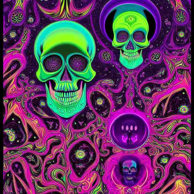 psychedelic skull infinite fractal worlds bright neon colors highly detailed cinematic eyvind earle tim white philippe druillet roger dean lisa frank aubrey beardsley 