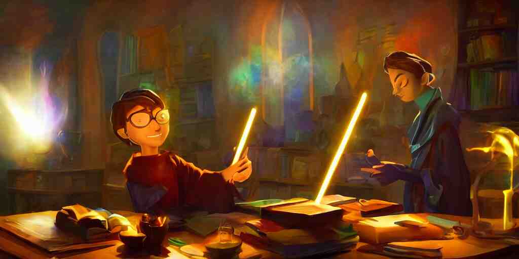 a young male mage they are in a alchemy workshop working at there desk. colorful, light rays, medium shot, waist up, sharp, bloom, dramatic lighting, by pixar, dreamworks and marvel 