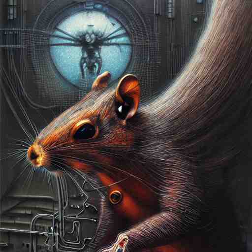 a highly detailed long shot photo of cyberpunk mechanical squirrel character by ayami kojima, beksinski, giger, intricate, digital painting, artstation, intricate, concept art, smooth, sharp focus, illustration 