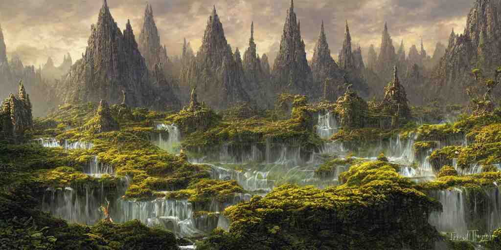 Fantastical open landscape by Ted Nasmith, elven city, pools of magical water, digital painting, concept art, landscape