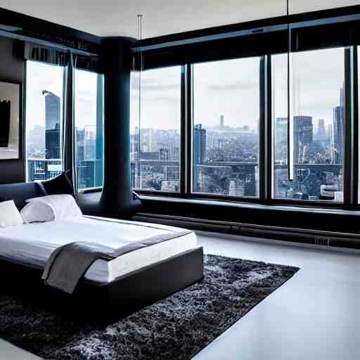 a futuristic luxury white bedroom with ceiling high windows looking out to a cyberpunk cityscape