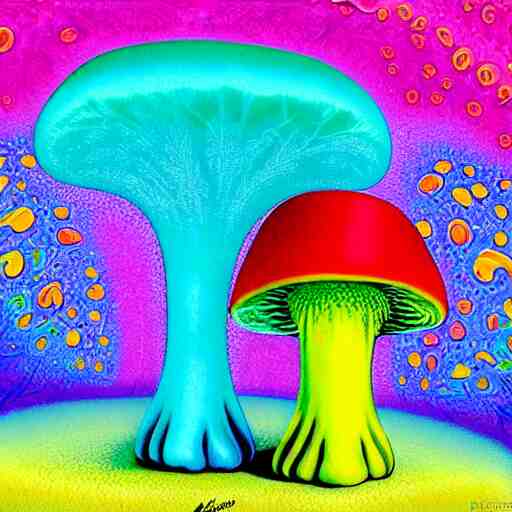 a colorful fractal 3 d mushroom in a psychedelic world, peace and love, by peter max and mark ryden 