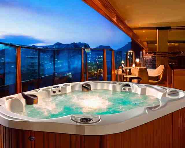a luxury hotel room with a beautiful view from the balcony, and a hot tub inside. 