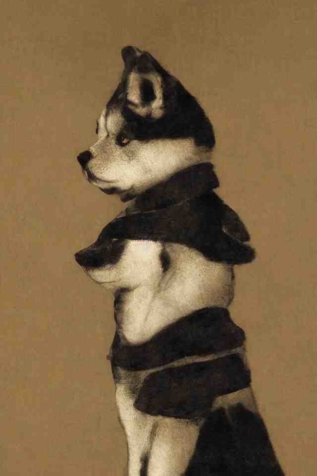 a portrait of a samurai shiba inu, in the art style of rembrandt, gilbert stuart, artistic, highly detailed, dark background, framed, 4 k, hyperrealistic 