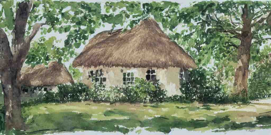 old thatched cottage with a front garden among the trees, watercolor 