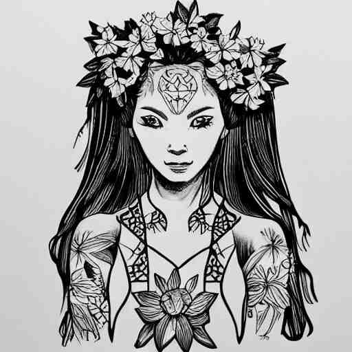 tattoo design, stencil, stencil on paper, tattoo stencil, traditional, beautiful portrait of a traditional Hawaiian girl with flowers in her hair, upper body, by artgerm, artgerm, artgerm, digital art, cat girl, anime eyes, anime, sexy, super model-s 100