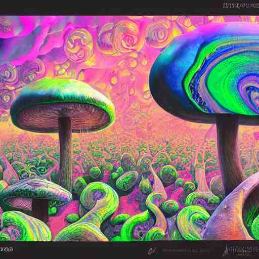 trippy mushrooms, acrilic paint, digital, artstation, detailed intricate ink illustration, heavenly atmosphere, digital art, overdetailed art, concept art, complementing colors, trending on artstation, cgstudio, the most beautiful image ever created, dramatic, subtle details 