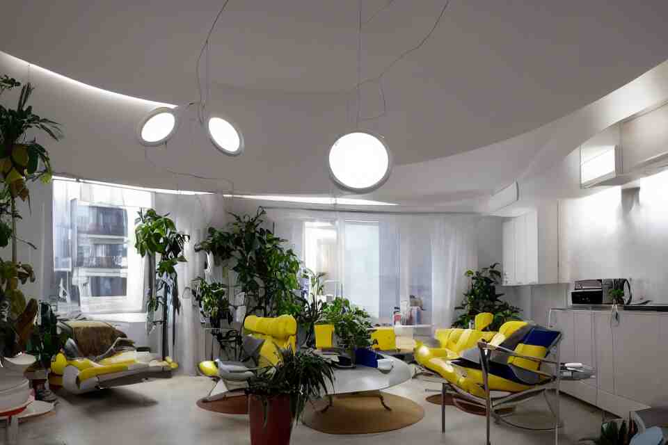 retro futuristic apartment with lighting design by kubrick moonbase style, 7 0 s hi fi system, funky furniture, house plants, modern art 