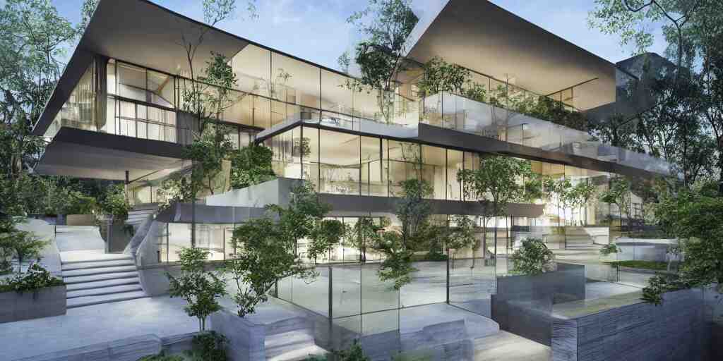 3d rendering  of beautiful nature meets architecture concept of a residential house by Kengo Kuma, volumetric lighting, luxury, high detail, 14mm,  glass railing, outdoor staircase, terraces, roof garden, cinematic photography, cg architects,  high resolution