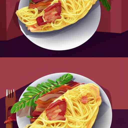 a bowl of spaghetti an omlette and a slice of bacon sitting on a bench, trending on artstation, vector 