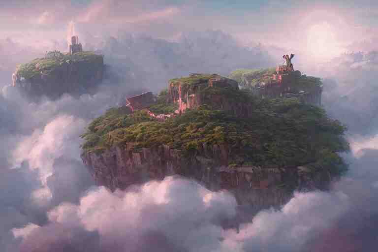 an island in the clouds, concept art, highly detailed, artstation, trending, widescreen resolution, feng zhu, shaddy safadi, noah bradley, tyler edlin, jordan grimmer, darek zabrocki, neil blevins, tuomas korpi 