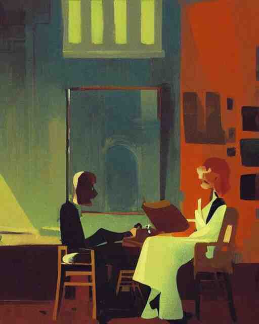 a man and a woman sitting at a table, a screenshot roman muradov and paul lehr and dan mumford, trending on pinterest, barbizon school, movie still, hall of mirrors, filmic 