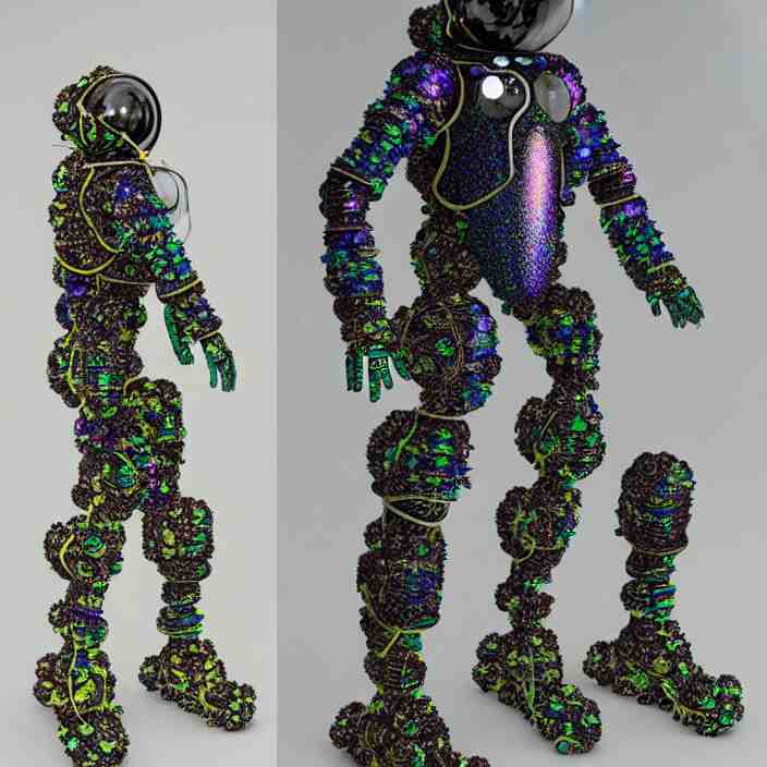 a cybernetic symbiosis of a single astronaut mech-organic eva suit made of pearlescent wearing anodized thread knitted shiny ceramic multi colored yarn thread infected with kevlar,ferrofluid drips,carbon fiber,ceramic cracks,gaseous blob materials and diamond 3d fractal lace iridescent bubble 3d skin dotted covered with orb stalks of insectoid compound eye camera lenses orbs floats through the living room, film still from the movie directed by Denis Villeneuve with art direction by Salvador Dalí, wide lens,