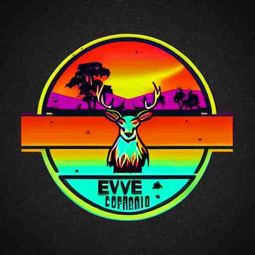 logo for evil corporation that involves deer, retro synthwave style, retro sci fi 