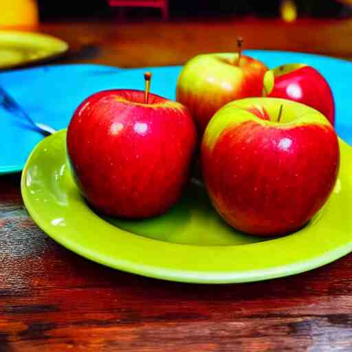 a wide angle side view realistic photo of only 3 apples on a colorful plate, award winning 