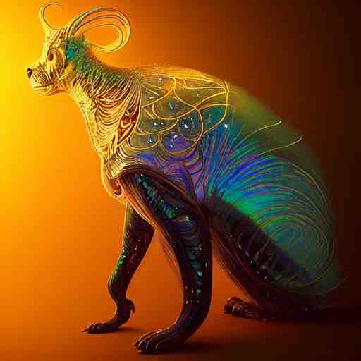 iridescent opalescent animal, backlit, warm tones, bioluminescent : by michal karcz, daniel merriam, victo ngai and guillermo del toro : ornate, dynamic, particulate, intricate, elegant, highly detailed, centered, artstation, smooth, sharp focus, octane render 