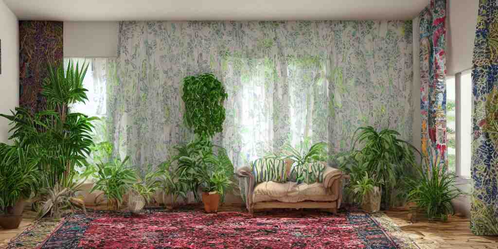 1 9 6 9 living in an older house, hippie pad, hippie chic, antiques, tropical houseplants, beaded curtains, posters on the walls, persian rugs, artstation, v - ray render, 8 k 