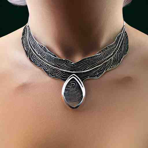 amulet of wave inlaid in silver, on a young beautiful woman neck, realistic, clean, 