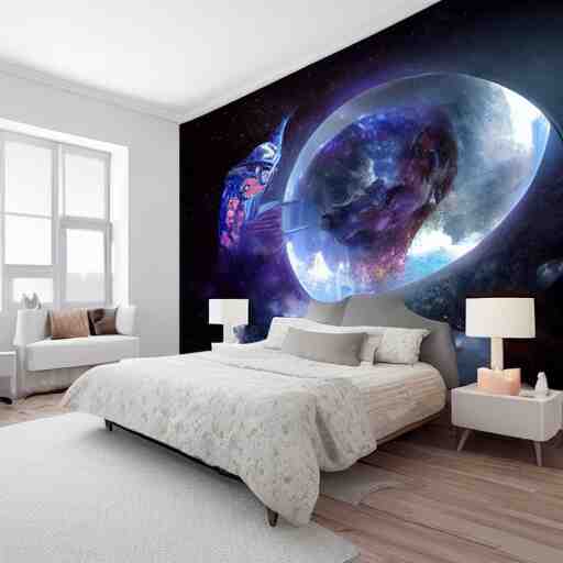 a cozy bedroom interior with wall murals of incredible fantasy space art, detailed, high resolution, wow!, intricate, volumetric lighting, raytracing 