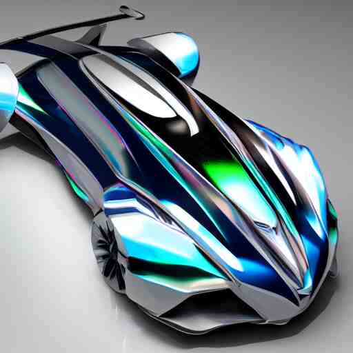 concept car with wings and iridescent paint, octane, grandure, highly detailed, reflective marble floor