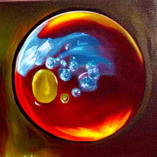 soap bubble with fireball inside, oil painting