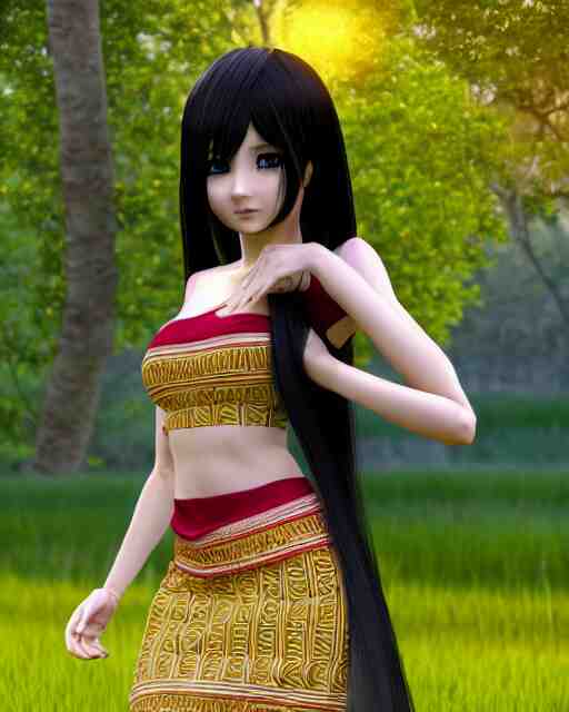 render as a very beautiful daz 3d anime manga girl, wearing assamese bihu mekhela sador gamosa dress, long shiny black hair, hazel eyes, full round face, short smile, assam landscape setting, sunny ambient diffused glow cinematic HDRI lighting, medium shot, mid-shot, highly detailed, daz studio genesis iray gorgeous, detailed  anatomically correct face!! anatomically correct hands!! amazing natural skin tone, ultra hd, trending on Artstation, Unreal Engine 4k, anime masterpiece, subsurface scattering