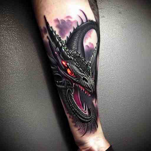 dark and vibrant fantasy dragon!!! drake wyvern, black and emerald dragon!!, forearm tattoo