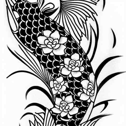 black and white tattoo of koi fish with camelia flowers, on white background, japanese traditional style, stylized, 