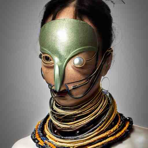 a beautiful futuristic portrait covered by mask made of pearl and wire, necklace made by silk and wires twisted around neck, design by leonardo davinci, inspired by egon schiele, modern art, baroque art jewelry, new classic, hyper realistic, cinematic composition, cinematic lighting, fashion design, concept art, hdri, 4 k - 