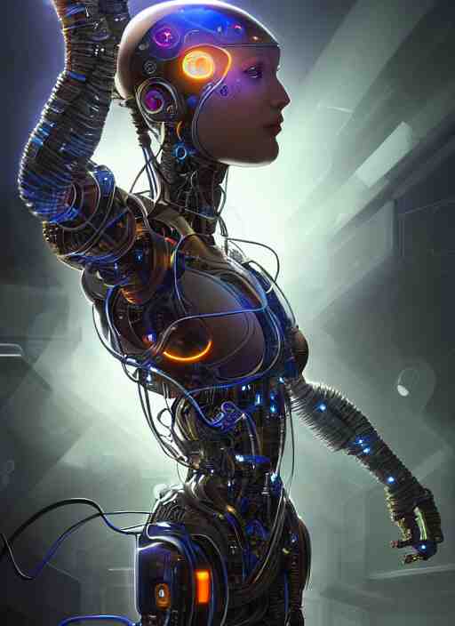 cyborg recharging in a computer lab connect to cables, diffuse lighting, fantasy, intricate, elegant, highly detailed, lifelike, photorealistic, digital painting, artstation, illustration, concept art, smooth, sharp focus, art by John Collier and Albert Aublet and James jean and Brian froud and ross tran and Artem Demura and Alphonse Mucha