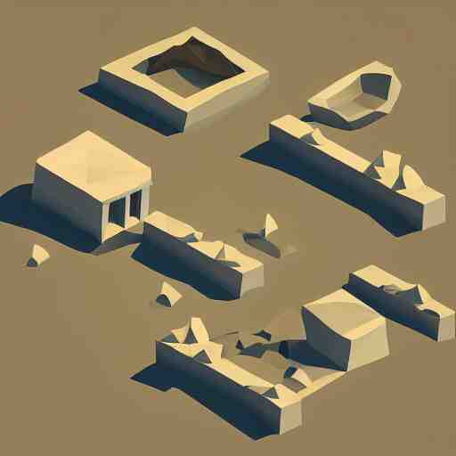 isometric low - poly art of a sandy beach, soft lighting 