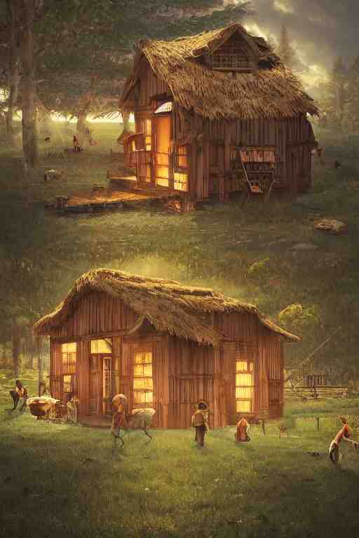 an awesome twilight day concept art of giant hen mixed with old hut, by kengo kuma and wes anderson with village, mixed development, cgsociety, fantastic realism, artstation hq 