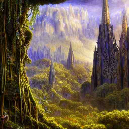 a beautiful and highly detailed matte painting of a beautiful cathedral in a magical fantasy valley in the mountains, psychedelic trees and plants and flowers, celtic vegetation, epic scale, insanely complex, hyperdetailed, sharp focus, hyperrealism, artstation, cgsociety, 8 k, bright colors, by caspar friedrich, albert bierstadt, james gurney, brian froud, 