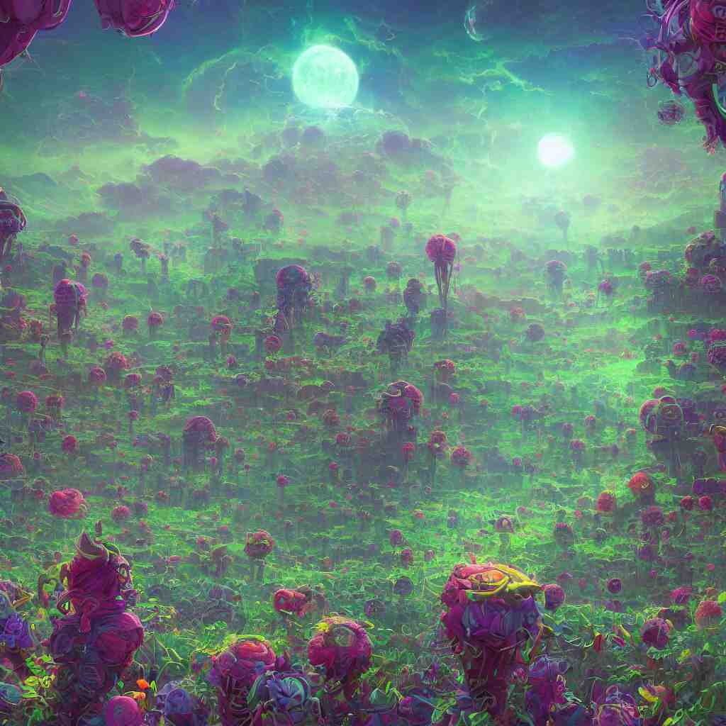concept art, a world full of life divine thrill of the biological tranquil sky, atoms floating, cosmic horror, gothic harts, flowers, artwork by beeple and lisa frank, fantasy art, high - detailed, 8 k, uhd 