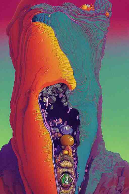 a colorful vibrant closeup portrait of Aerosmith licking a tab of LSD acid on his tongue and dreaming psychedelic hallucinations, by kawase hasui, moebius, Edward Hopper and James Gilleard, Zdzislaw Beksinski, Steven Outram colorful flat surreal design, hd, 8k, artstation