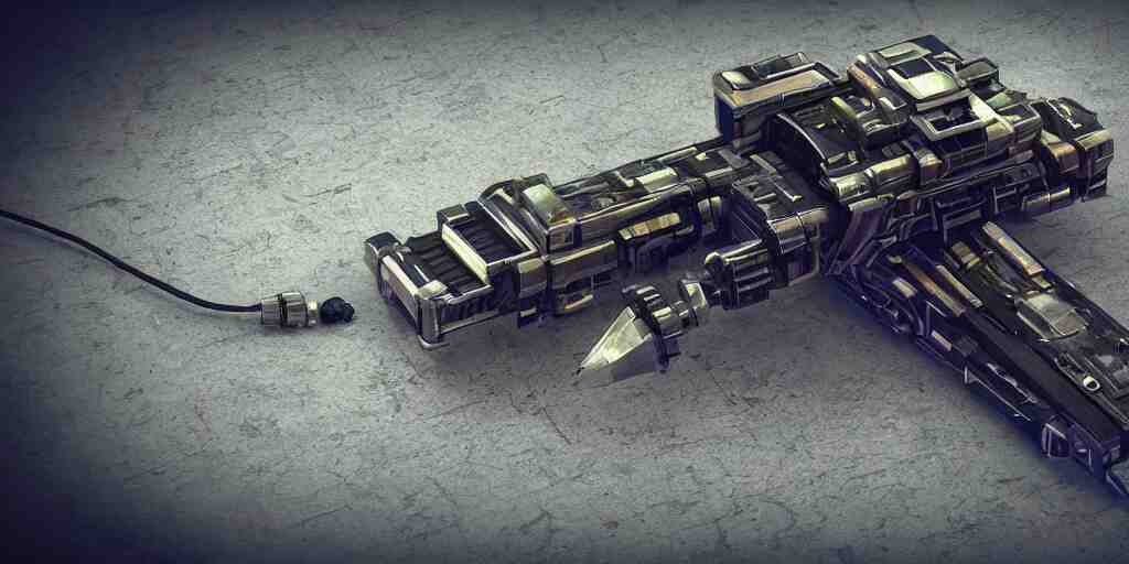detailed cyber punk 3D ray gun made from DeLorean scrap parts, rendered in octane render, dramatic lighting, made from metal, floating,