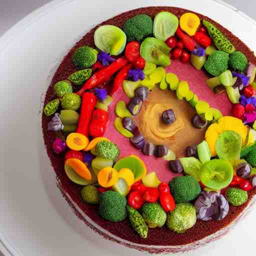 photo of a cake with vegetables toppings 