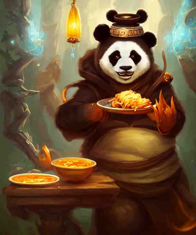 a portrait an anthropomorphic panda mage eating chinese food, wearing mage robes, restaurant in background, cute and adorable, dnd character art portrait, well rendered matte fantasy painting, deviantart artstation, by jason felix by steve argyle by tyler jacobson by peter mohrbacher, cinematic lighting 