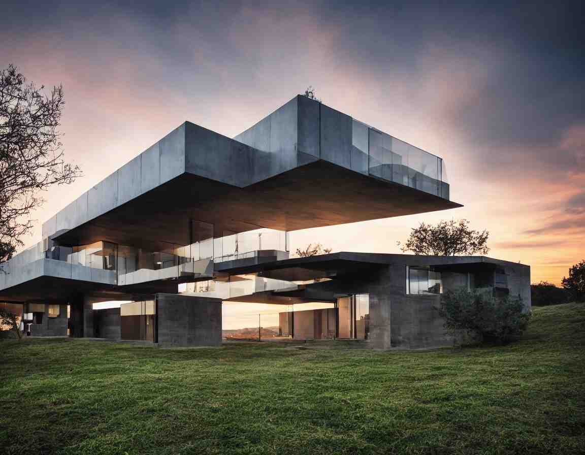 house on a hill, modern architecture, house concept, sunset, morning, stary sky, rtx lighting, cloudy sky 